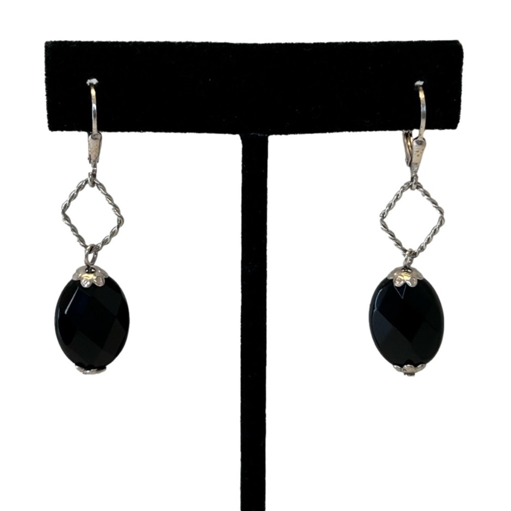 Sterling Silver Facetted Black Stone Drop Dangle Earrings